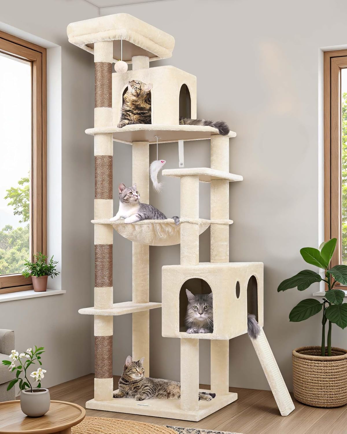 Globlazer Heavy Duty Cat Tree Tower, 70inch Sturdy Cat Tree for Indoor Cats Sturdy Large Cat Tower with Scratching Post and Scratching Board, Hammock, Cat Condo for Adult Cats Kittens, F70 Pro, Beige