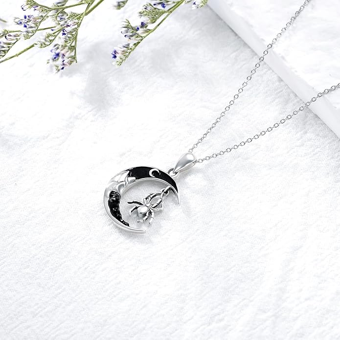 Gothic Jewelry Bat/Cat/Wolf/Dragon/Owl/Fox/Spider/Sun Pendant Sterling Silver Crescent Moon Necklace for Women Girls Black Jewelry Gifts
