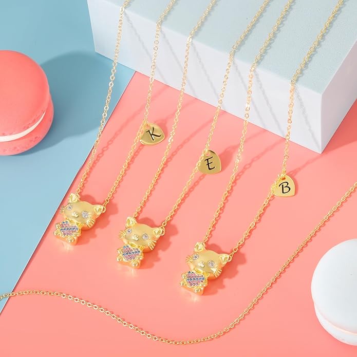 Gifts for Girls Necklace, Cat Heart Pendant Necklace for Jewelry Initial Necklace for Girl Birthday Christmas Gifts