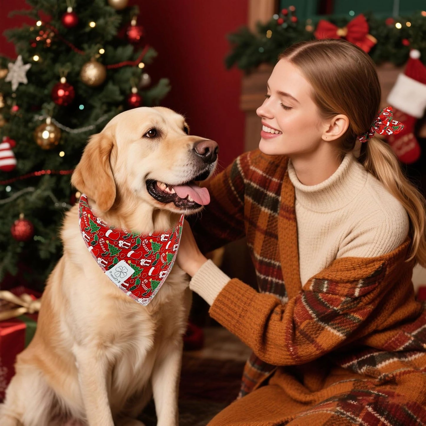E-Clover Christmas Dog Bandanas & Matching Scrunchie Set Green Red Dog Scarf Bibs Pet Bandana with Bow Tie for Medium Large Dogs Owner Mom Winter