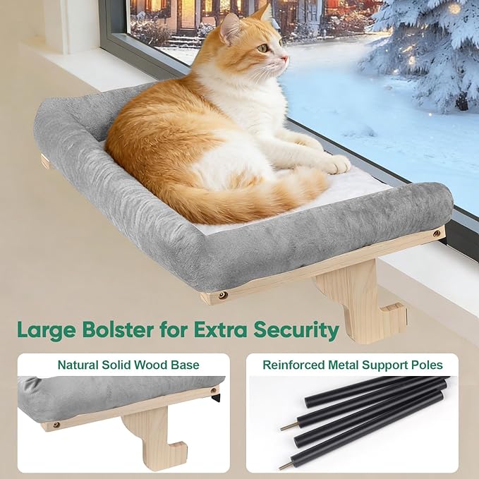 Cat Window Perch with Bolster, Large Hammock Bed for Indoor Cats, Solid Wood & Metal Frame Mounted Perch, Cozy Sunbathing Lounge Bed, 25” Wide (Grey Bed)