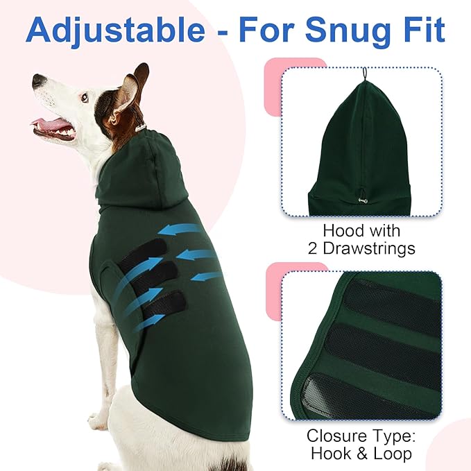 X-Large Dog Anxiety Vest with Adjustable Chest & Hood | Soft Lightweight Calming Shirt Wrapped for Fireworks,Lightning,Storms,Separation,Home Alone (DarkGreen)