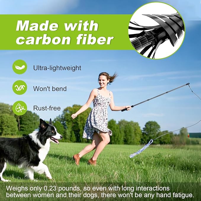 Carbon Fiber Flirt Pole for Dogs, 0.23 Pounds Lightweight Dog Flirt Pole for Large Medium Small Dogs, Telescopic Flirt Stick with 2 Toys & 2 Ropes (40 Inches Pole)