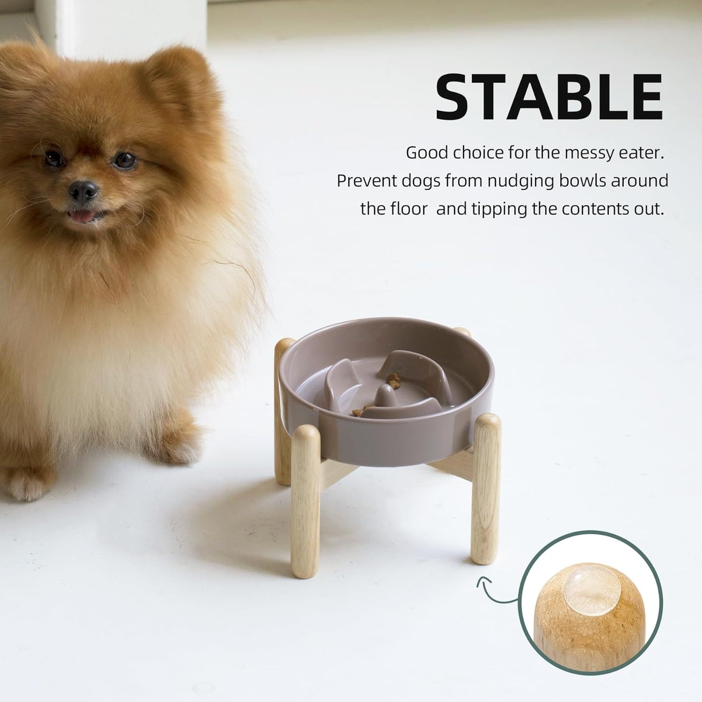 6.1inch Ceramic Raised Slow Feeder Set, Elevated Bowl with Wooden Stand for Small Dog and Cat, Puzzle Slow Dog Food Dish, Preventing Choking(Brown Coffee, Single Bowl+ Stand)