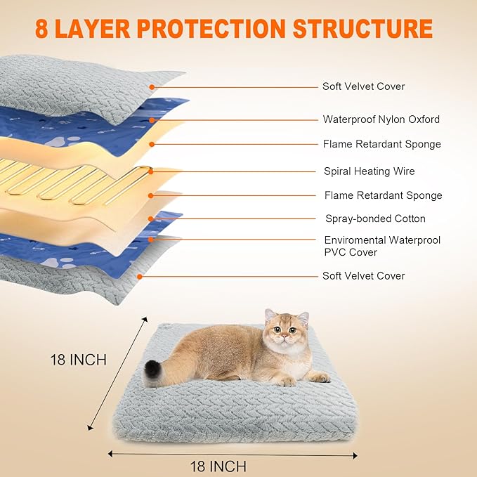 ENJOY PET Heated Cat Bed Indoor, 12 Level Temperature Dog Cat Heating Pad with Timer, Pet Heating Pad for Puppy Cats Dogs Electric Warming Pad, Chew Resistant Heated Pet Bed (18" x 18")