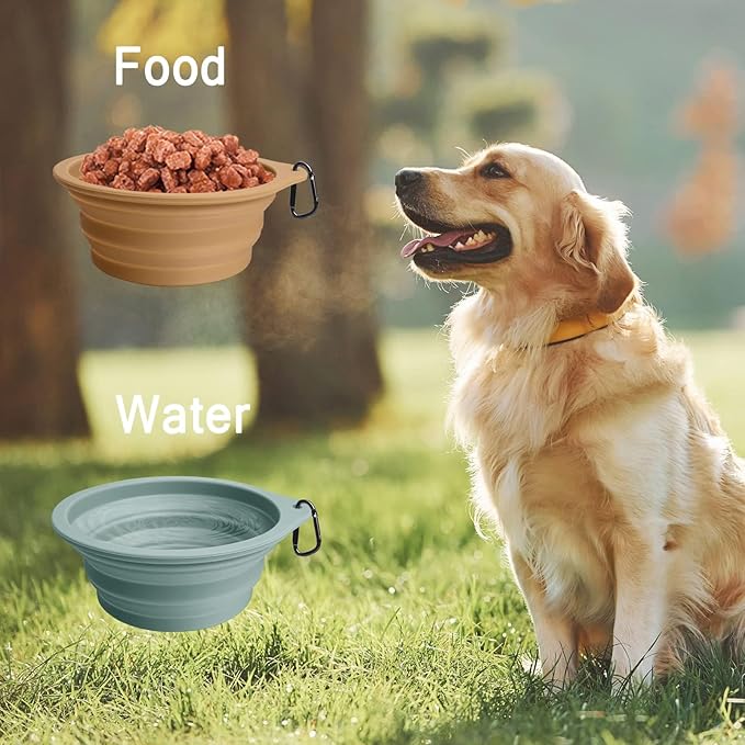 PetBonus 2-Pack Large Silicone Collapsible Dog Bowls, 34oz/1000ml BPA Free Portable Foldable Travel Bowl for Pet Cat, Food Water Feeding Dish for Camping with 2 Carabiners (Turquoise, Tan)