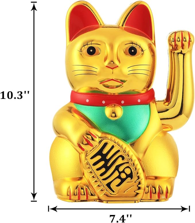 Gold/Black/White Maneki Neko Lucky Cat,Fengshui Cat- Waving Arm Battery Operated for Fortune Money and Good Luck (Gold, 10 in)