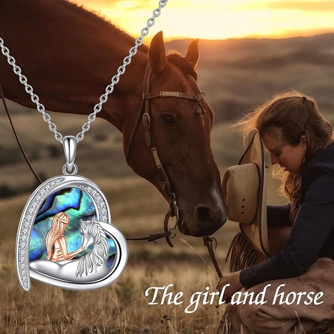 Horse Necklace Gifts for Women Sterling Silver Abalone Love Heart with Horse Pendant Necklace Jewelry Gifts
