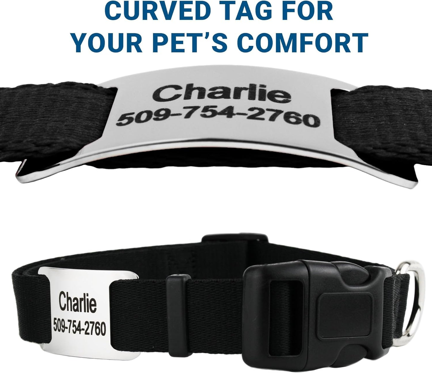 GoTags Personalized Dog Collar with Nameplate, Adjustable Dog Collar with Custom Engraved Slide On Pet ID Tag in Stainless Steel, Silent, No Noise Dog Tag (Light Gray, Medium)