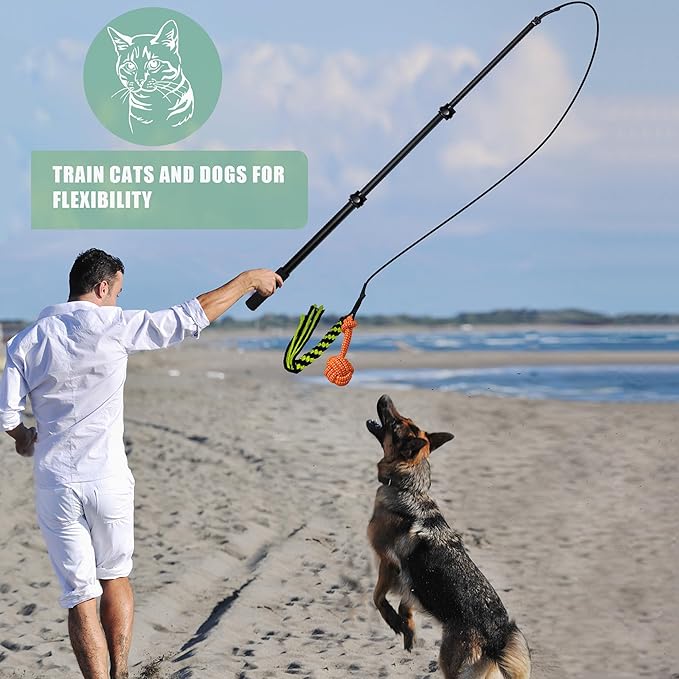 Flirt Pole for Dogs,Collapsible Extendable Dog Teaser Wand with Plush Squeaky Toy、Chase Rope, Ball Toy, Agility Training Equipment Playing Exercise Tools for Small Medium Large Dogs