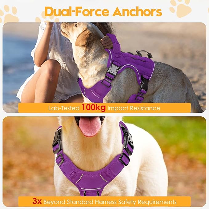 Heavy-Duty Tactical Dog Harness for Large Dogs, No Pull Adjustable Reflective Pet Vest with Molle System, K9 Military-Grade Control for Service Training, Outdoor & 10+ Breeds, Purple, Small