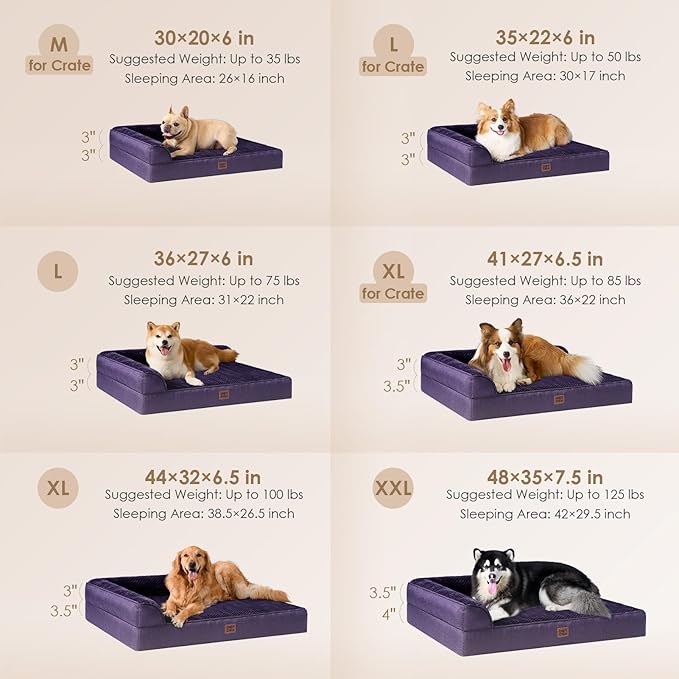 EHEYCIGA Orthopedic Dog Bed Medium Size Dogs, Memory Foam Dog Bed with Washable Removable Cover, Waterproof Pet Sofa Couch for Crate with Nonskid Bottom, 30x20x6, Purple