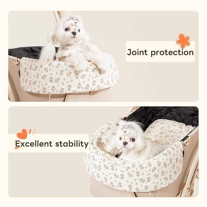 Dog Stroller Cushion & Mat, Pet Stroller Cushion for Dogs & Cats, 5-Level Waterproof & Removable Inner Core, Dog-Ergonomic 3-Zone Support, 4-inch Thickness (Flower Set)