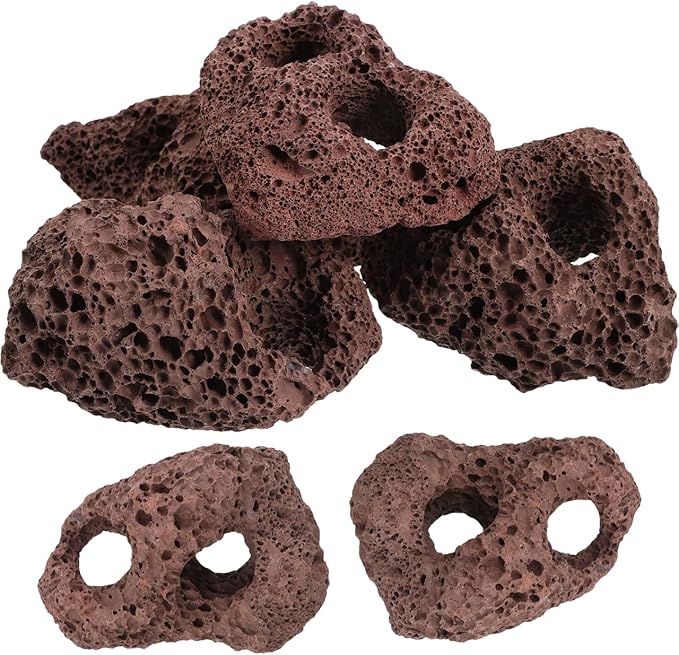 Housoutil Lava Rock Aquarium, 6PCS Aquarium Volcanic Stone Plant Fixer Ornaments, Double-Hole Fish Tank Rocks Ornament for Aquascaping, Fish Tank, Terrarium and Landscape Design