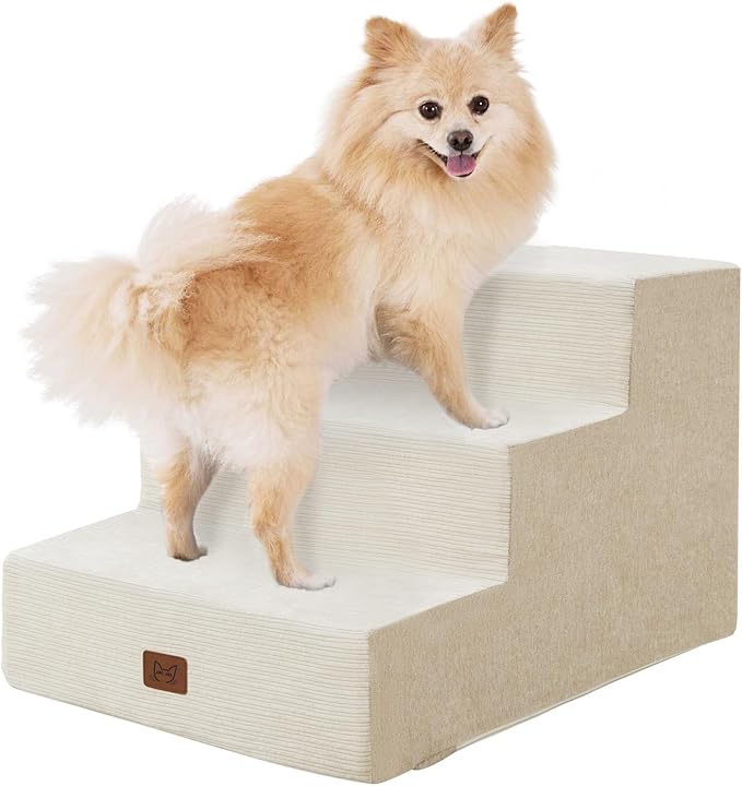 Dog Stairs for Bed, Dog Steps for Bed Couch Sofa, 35D Foam Pet Steps for Small Dogs and Cats, Extra Wide Pet Stairs with Non-Slip Bottom Beige, 3 Steps