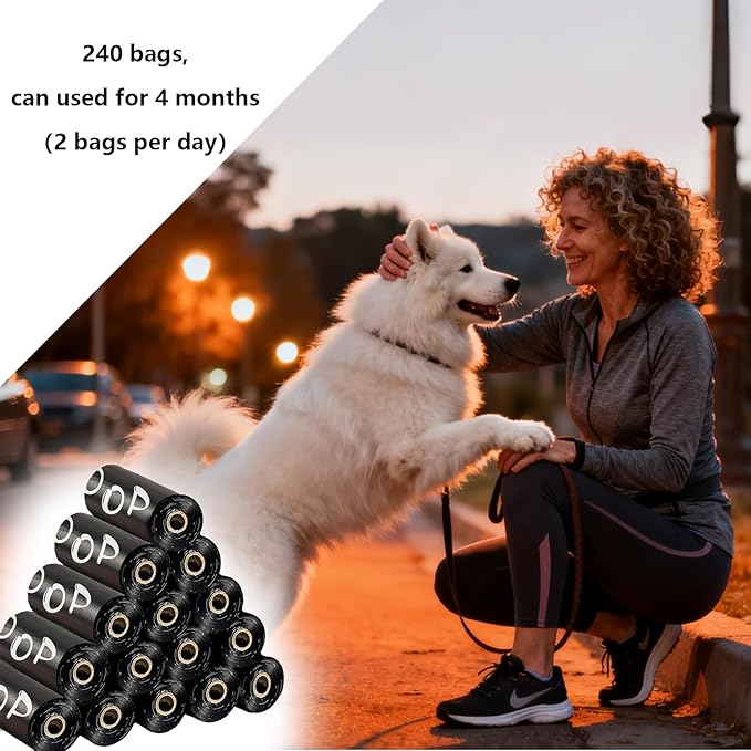 Compostable Dog Poop Bags，240 Count - 100% Leakproof & Biodegradable Dog Bags for Poop，Includes Free Dog Poop Bag Holder & Clip