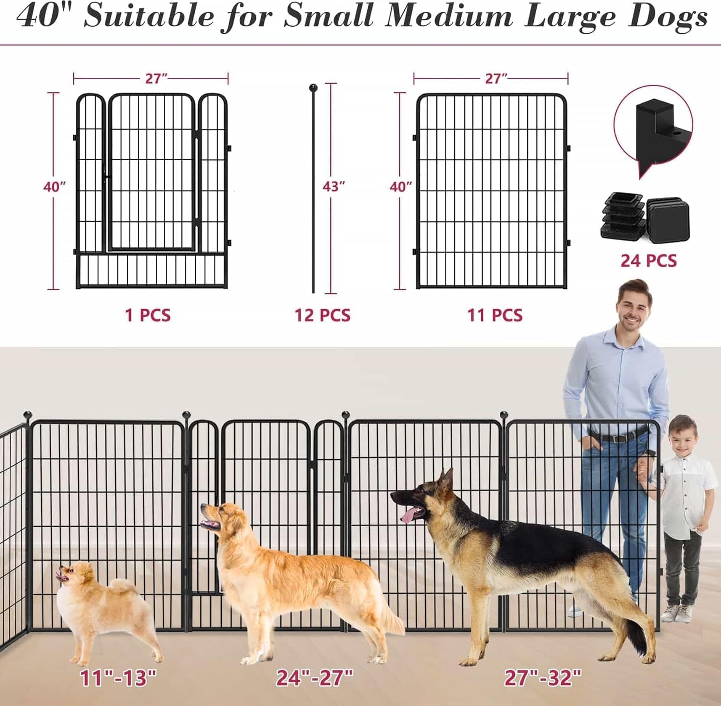 Dog Playpen Outdoor 40 inch 12 Panels Indoor Dog Pen for Large/Medium/Small Dogs Rustproof Metal Dog Fence Outdoor for Yard, Puppy Playpen with Door Portable Pet Fence for RV Camping Yard