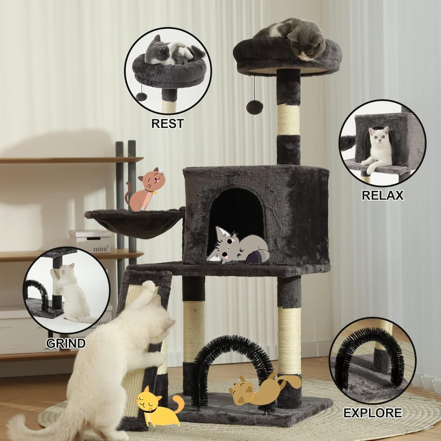 HOOPET 44IN Cat Tree for Indoor Cats - Multi-Level Cat Tower with Hammock, Condo, Scratching Posts, Self-Grooming Brush & Play Ball - Space-Saving Cat Furniture for Small Apartments