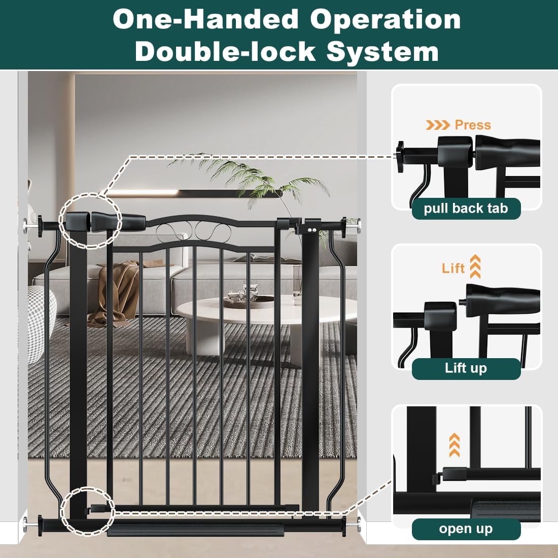 29.53"-33.85" Mornyray Auto-Close Baby Gate Extra Wide, Pressure Mounted Dog & Pet Gate for Stairs Doorways, No Drill Safety Barrier with Lace Design, Metal Child Proof Gate Indoor Outdoor, Black