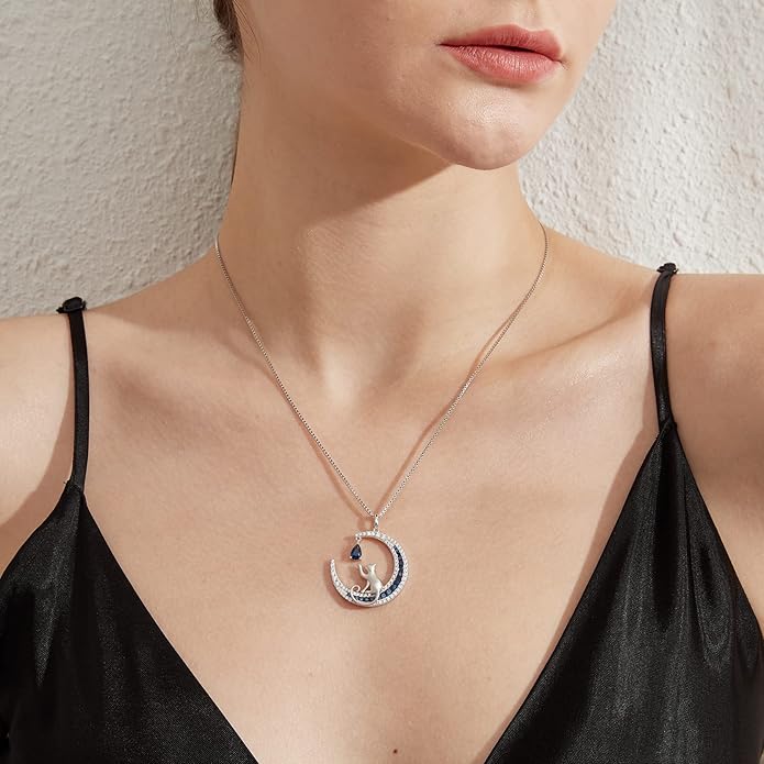 jiamiaoi 18K White Gold Plated Cat Necklace 925 Sterling Silver Diamond Cat Necklace Silver Cat On Moon Necklace for Women Gift for Birthday/Christmas, Come with Gift Box
