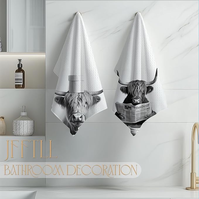 Funny Toilet Newspaper Western Cow Bathroom Hand Towels, Cow Lovers Gifts, Farmhouse Animal Hand Towels for Bathroom Washroom Restroom Decor, 16x24 Inch Set of 2