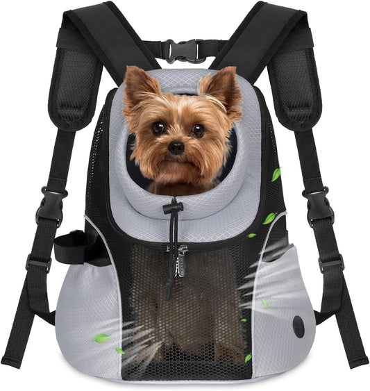 WOYYHO Pet Dog Carrier Backpack Small Dog Front Backpack Ventilated Mesh Dog Travel Back Pack with Safety Belt for Travel Hiking Cycling Outdoor Adventures (Size M: 5-9 lbs, Grey)