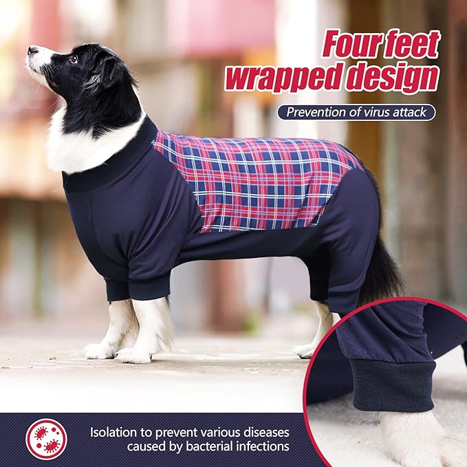 Dog Recovery Suit, Abdominal Wound After Surgery Wear, Anti Licking Bodysuit with Zipper, E-Collar & Cone Alternatives, Plaid Dog Spay Surgical Onesie Prevent Shedding(XL, Red)