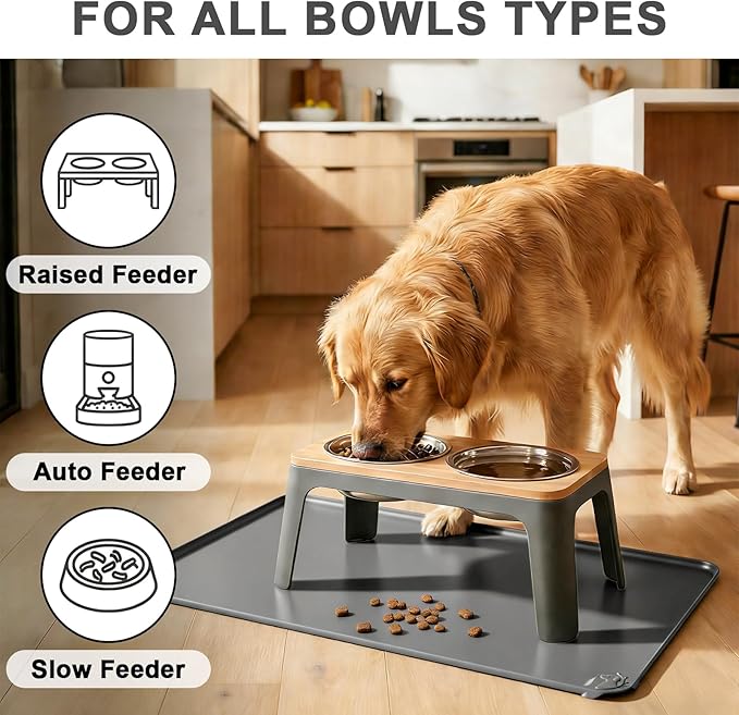 ESTHELLO Waterproof Pet Feeding Mats - Advanced Silicone Dog Food Mat Easy to Clean for Dog & Cat Bowls, 24''x16'' Premium Gray