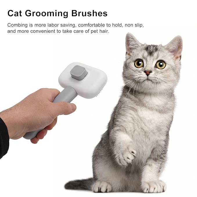 Dog Hair Brush, Self Cleaning Slicker Brush for Pets Cats Dogs Gentle Round Head Soft Needle Removes Floating Hair Comfortable Grip ABS Material 9 x 18cm (Grey White)