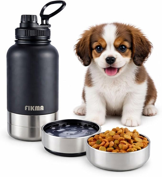 3-in-1 Dog Water Bottle with 2 Bowls, 32oz Insulated Stainless Steel Travel Bottle for Pets & Humans, Leak-Proof Portable Design for Hiking, Camping & Travel (Black)