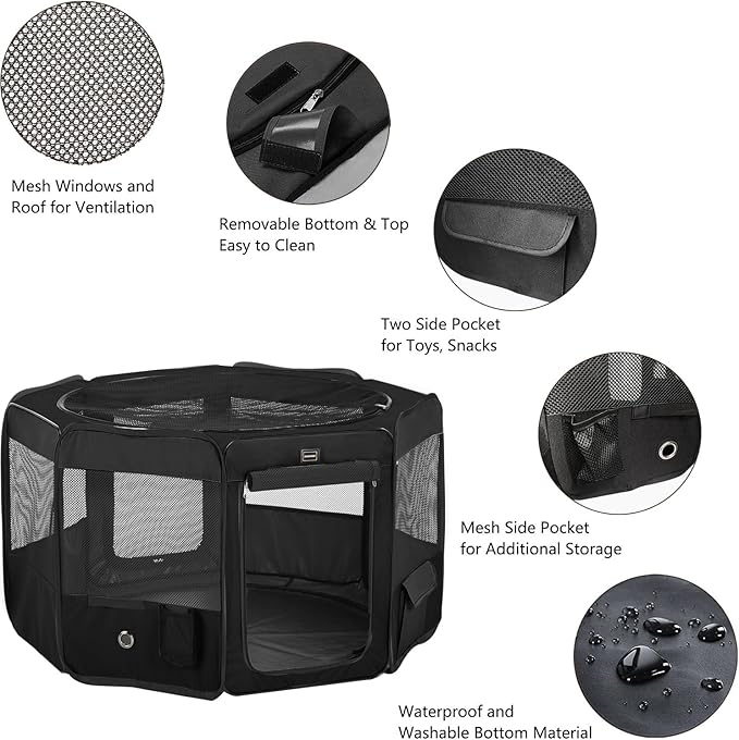 DONORO Dog Playpen Portable Pet Play Pens for Small Dog/Cat/Rabbit/Chicks, Cat Playpen Indoor/Outdoor with Carring Case, Removable Zipper Top and Bottom (Black, Extra Large (55"x55"x30"), 8)