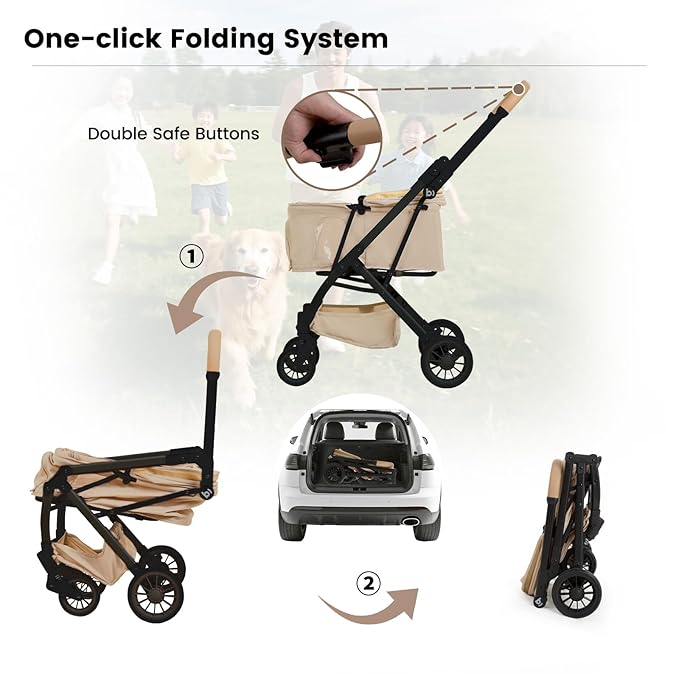 Lightweight Dog Stroller Portable Compact Folded Pet Stroller for Small/Medium Dogs & Cats Up to 35lbs One Click Folding Large Cat Carriage with Adjustable Canopy Storage Basket- Khaki