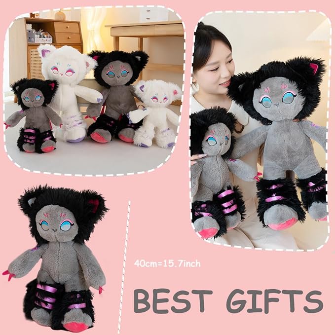ELAINREN Black Elf Cat Plush Toy Crazy Kitten Stuffed Forest Animals Toy Ultra-Soft Huggable Kitty Plushies Pillow Decor Gifts/15.7''