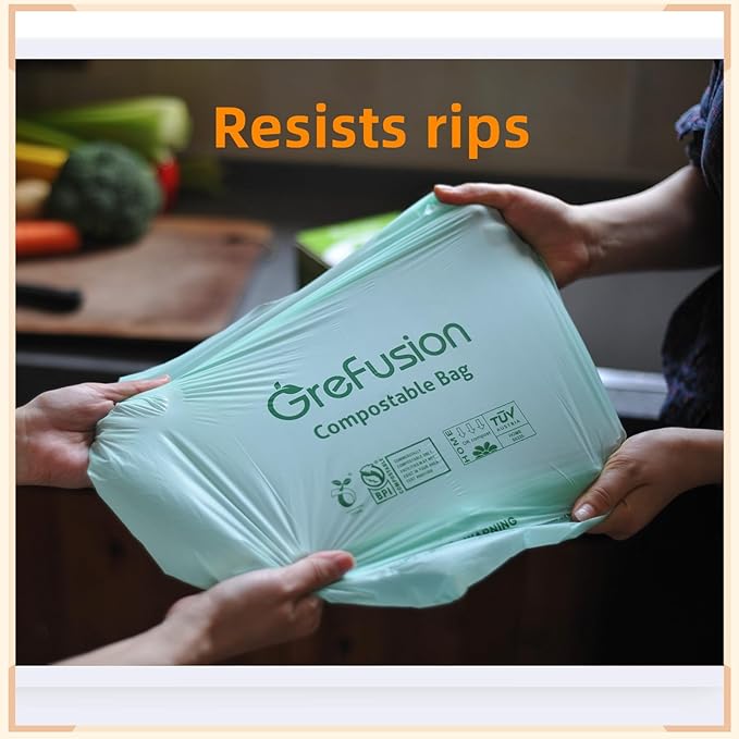 Compostable Trash Bags with handle-tie,Garbage Bags, 2.6 Gallon,Food Waste Bags,Small trash bags for compost bin kitchen,Certified by BPI and OK Compost (2.6G-50count)