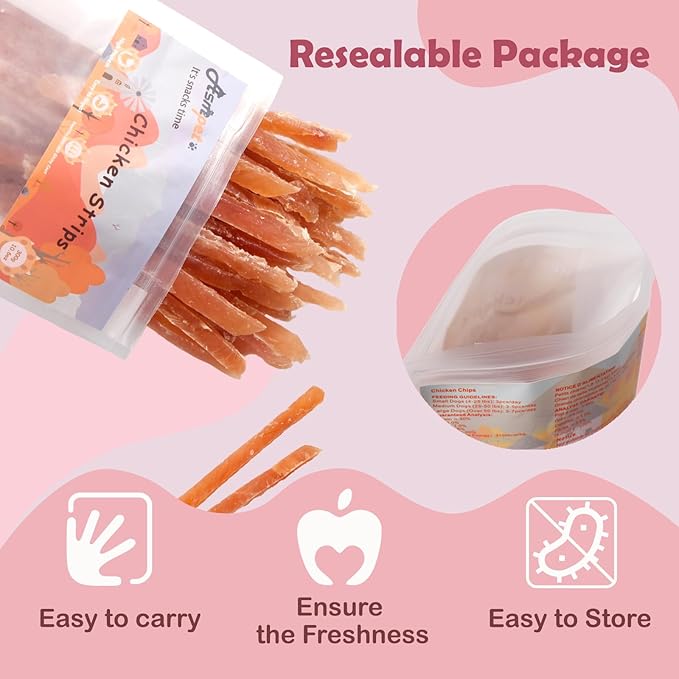 ASMPET Chicken Jerky Strips Dog Treats, Real Chicken Pet Snacks, High Protein, Soft Chewy Training Treats for All Breeds, Healthy Treats in Resealable Bag, 10.6 oz (300g)