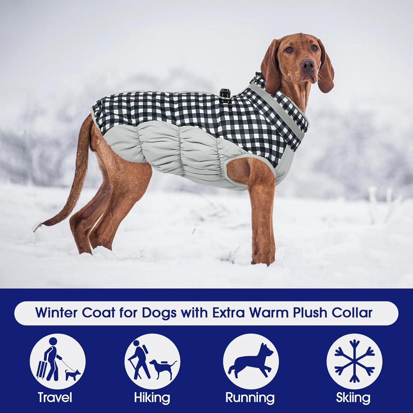 FUAMEY Dog Coat for Large Dogs,Waterproof Dog Winter Jacket with Harness Built in Puppy Cold Weather Coats Reflective Pet Vest with Zipper Warm Fleece Dogs Snowsuit Windproof Checkerboard XL
