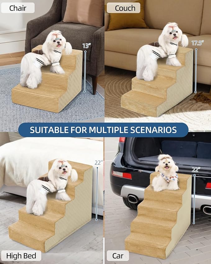Dog Stairs for Small Dogs,17.5" H,4-Step Dog Steps for Bed and Couch with High Density Foam,Non-Slip Pet Steps for Doggy and Cat,Pet Stairs with a Washable Cover,Khaki
