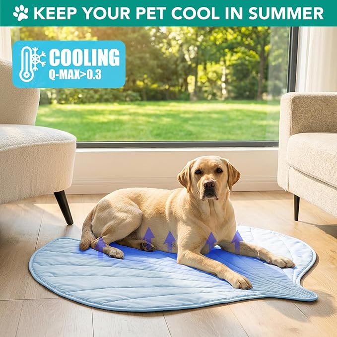 PetAmi Dog Cooling Mat, Ginkgo Leaf Shape, Reversible Cooling Nylon Blanket Soft Fleece Pet Pad for Dogs Cats, Summer All Season Use Q-Max>0.3, Large 55x59 in, Light Blue