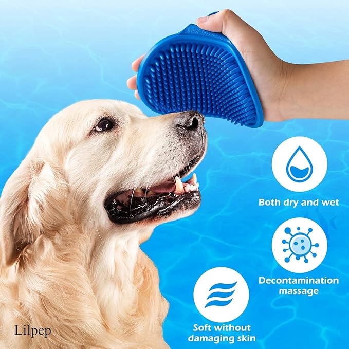 Dog Grooming Brush, Lilpep Pet Shampoo Bath Brush Soothing Massage Rubber Comb with Adjustable Ring Handle for Long Short Haired Dogs and Cats (Blue+Green, pack of 2)