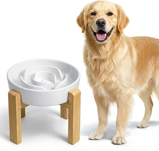 Elevated Slow Feeder Dog Bowl - Upgraded with Screwed Bamboo Stand - Ceramic Maze Dish for Fast Eaters - Raised Feeding Bowl for Medium and Large Dogs - White
