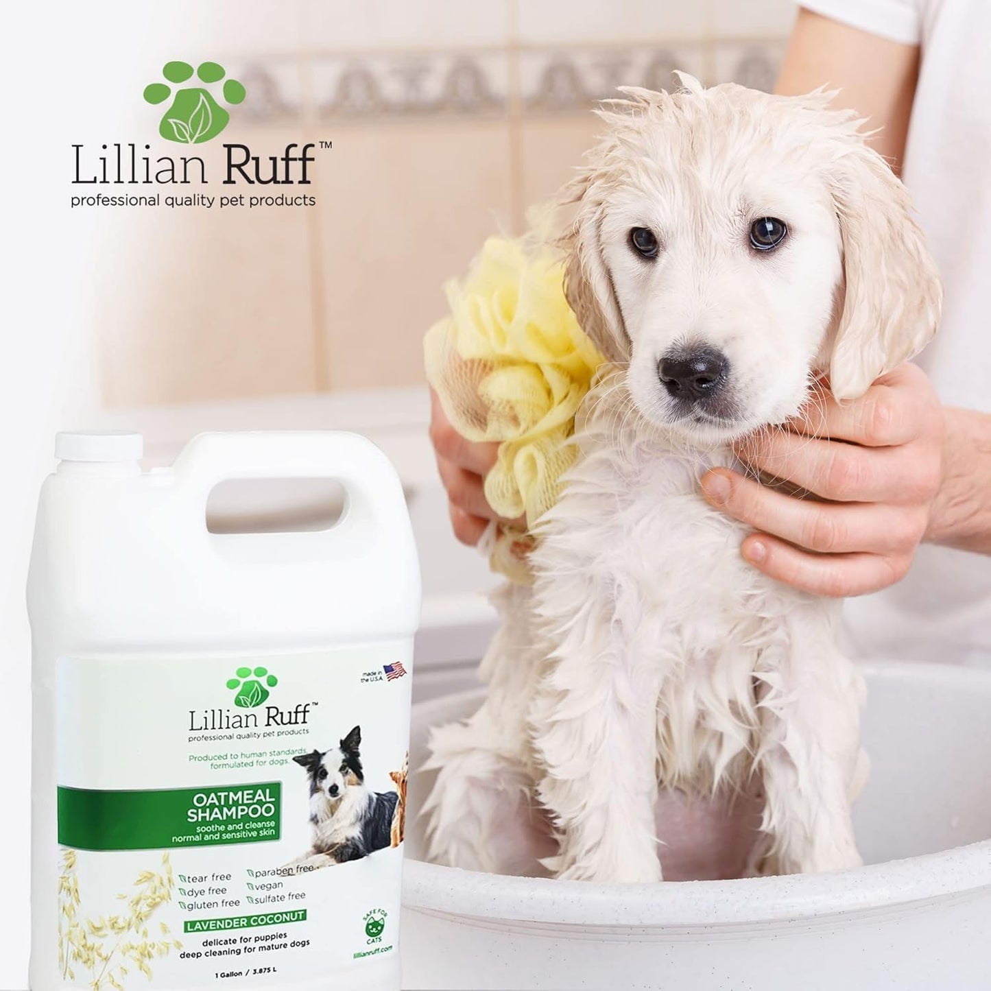 Lillian Ruff Calming Oatmeal Pet Shampoo for Dry Skin & Itch Relief with Aloe & Hydrating Essential Oils - Replenish Moisture & Deodorize - Tearless Dog Shampoo for Normal/Sensitive Skin (Gallon)