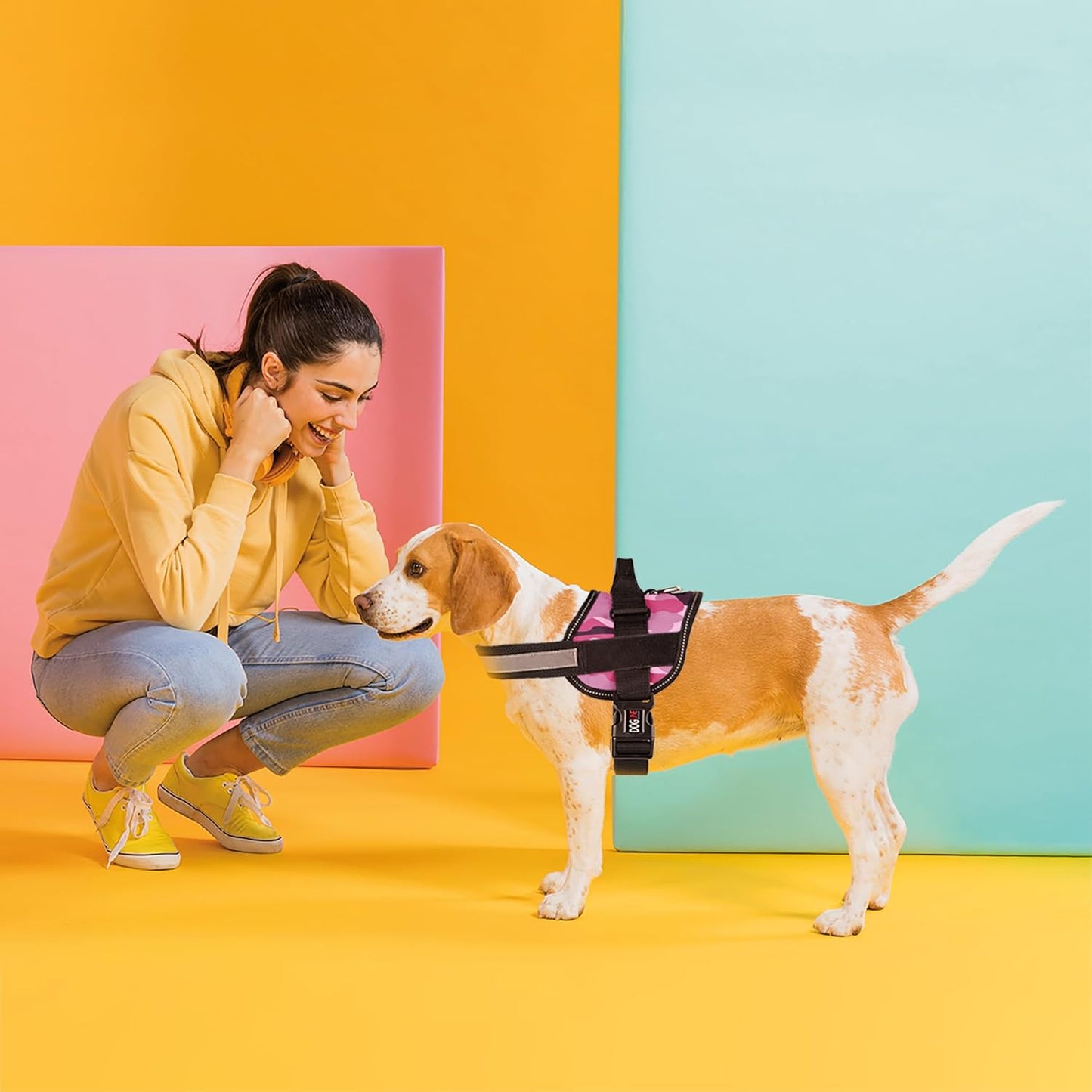 Dogline Dog Harness, Reflective No-Pull Adjustable Vest with Handle for Walking, Training, Breathable, No - Choke Harness for Small, Medium or Large Dogs Room for Patches Girth 22"-28" in Pink Camo