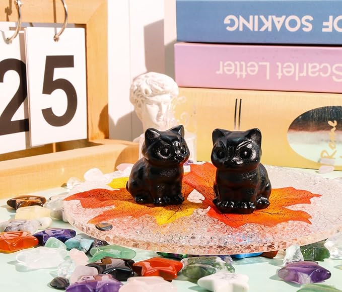 DUQGUHO Matte Black Obsidian Cat Crystal Figurines Gifts for Women & Men - Lucky Cute Cat Statue - Room & Desk Decor - 1PC