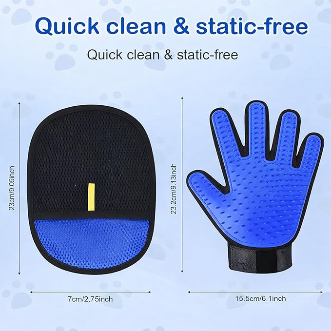 Pet Hair Removal Grooming Gloves Set – Silicone Cat & Dog Deshedding Gloves with Double-Sided Pet Hair Remover, Washable Reusable Anti-Static Grooming Set for Cats Dogs Horses (Blue)