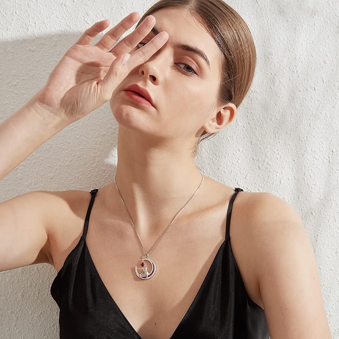 jiamiaoi 18K White Gold Plated Cat Necklace 925 Sterling Silver Diamond Cat Necklace Silver Cat On Moon Necklace for Women Gift for Birthday/Christmas, Come with Gift Box