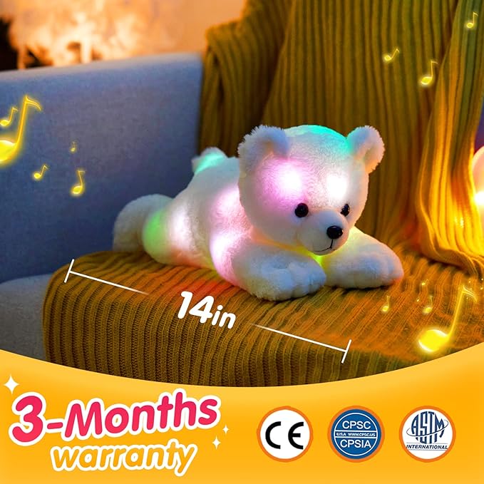 Glow Guards 14" Musical Light up Polar Bear Stuffed Animal,LED Singing Soft Plush Toy with Rainbow Night Lights&Lullaby Glow in The Dark,Birthday Children's Day Idael Gift for Toddler Kids