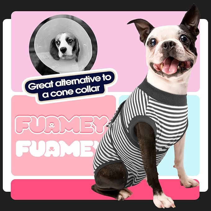FUAMEY Dog Recovery Suit Male,Dogs Surgery Neuter Suits Puppy Spay Shirts for Female Protect Dog's Skin Anti Licking Abdominal Wounds Doggie Onesie Pet Bodysuit Alternative to Cone Gray Stripes S