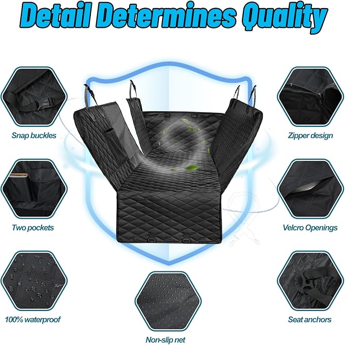 Dog Car Seat Cover for Back Seat with Mesh Window, 600D Heavy Duty Pet Seats Cover with Side Flap,100% Waterproof Dog Hammock, Anti-Scratch Nonslip Pet Seats Protector for Cars Trucks SUV