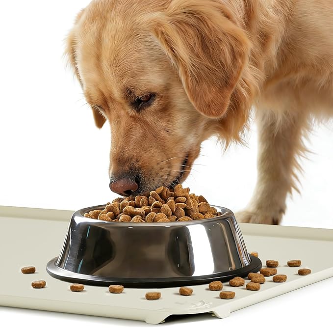 ESTHELLO Waterproof Pet Feeding Mats - Advanced Silicone Dog Food Mat Easy to Clean for Dog & Cat Bowls, 24''x16'' Cream White