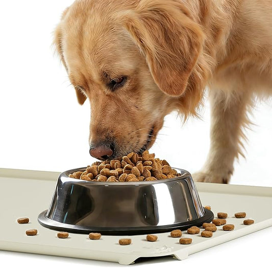 ESTHELLO Waterproof Pet Feeding Mats - Advanced Silicone Dog Food Mat Easy to Clean for Dog & Cat Bowls, 24''x16'' Cream White